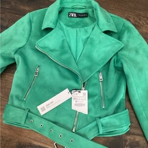 Zara Emerald Green Suede Moto Jacket